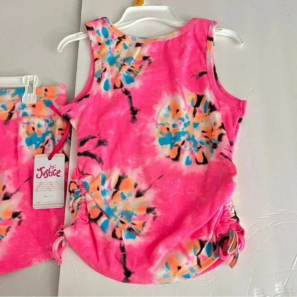 Justice Girls Cinch Side Tank & Short Outfit Set Size Large (12/14) Pink Tie-Dye